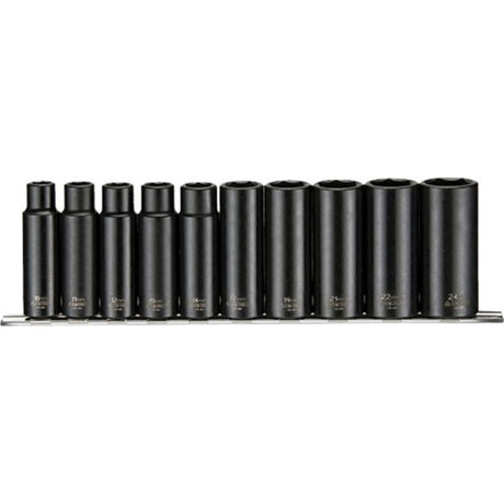 Teng 10pc 1/2in Dr. Deep Impact Socket Set featuring durable 6-point sockets, metric sizes 10-24mm, and a clip rail for easy storage.