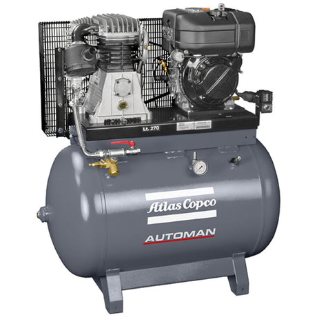 Atlas Copco Diesel compressor with 5.2HP engine, 270L tank, and 21.9CFM airflow, designed for remote pneumatic tool use.