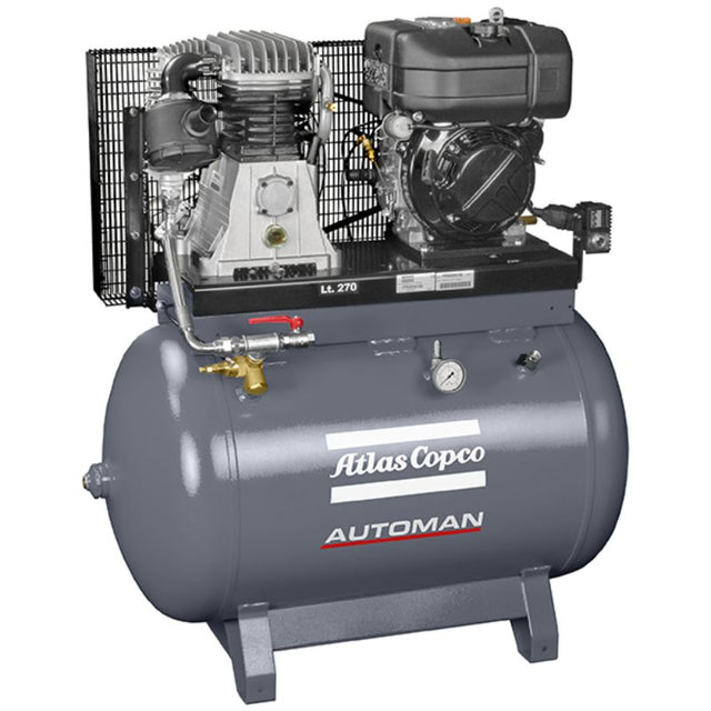 Atlas Copco Diesel compressor with 5.2HP engine, 270L tank, and 21.9CFM airflow, designed for remote pneumatic tool use.