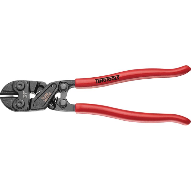 8-inch mini bolt cutter with chrome molybdenum steel, vinyl grip, and hardened cutting edges for precision cutting.