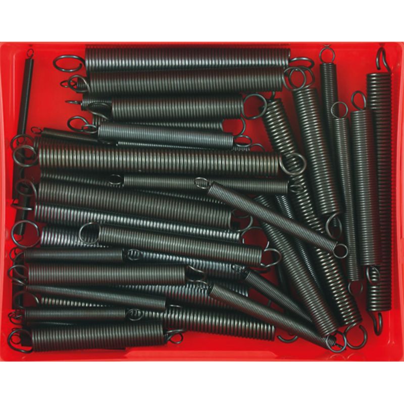 Assortment of 48 extension springs in various sizes for DIY projects, crafted for durability and reliability in mechanics and crafting.