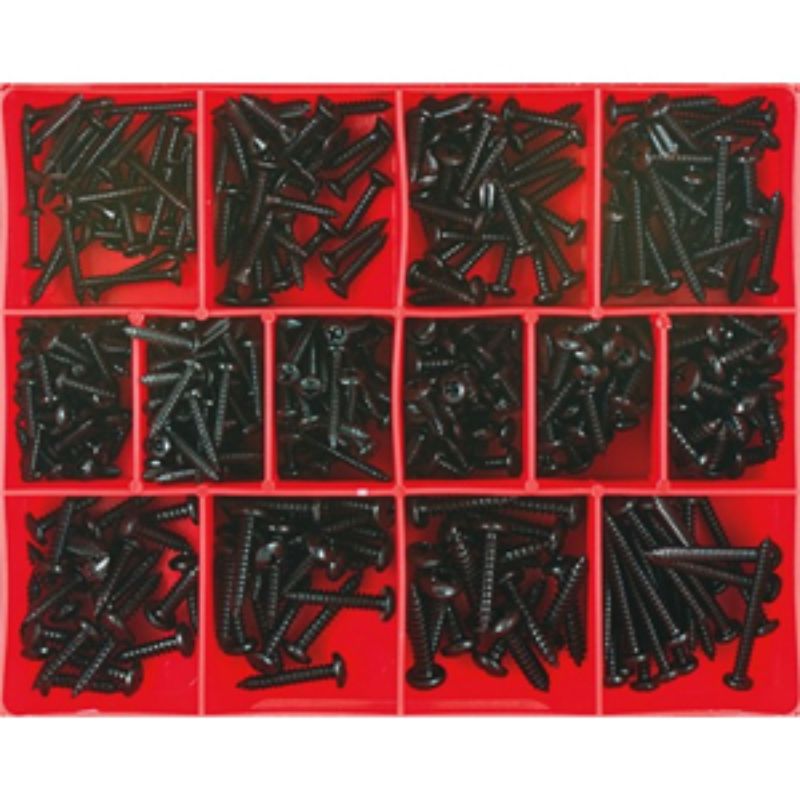 Black self-tapping screw assortment with 415 high-quality screws in 14 sizes, ideal for woodworking and repairs.