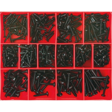 Black self-tapping screw assortment with 415 high-quality screws in 14 sizes, ideal for woodworking and repairs.