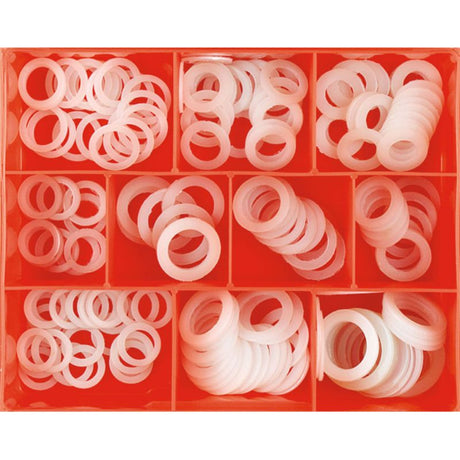 Champion 160pc Nylon Washer Assortment featuring 11 sizes for plumbing, automotive, and electrical repairs, lightweight, durable, and corrosion-resistant.