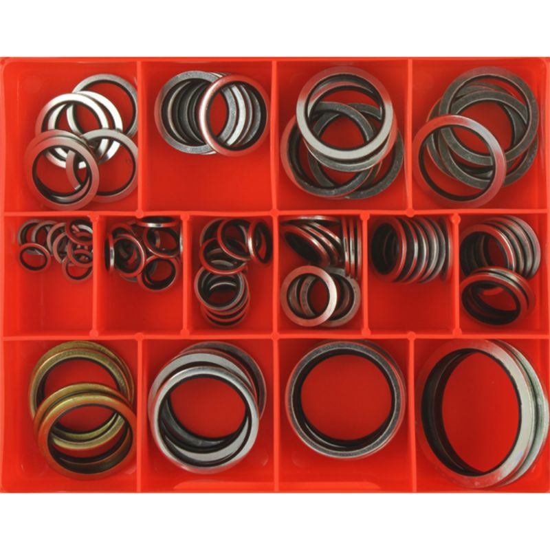 91-piece Metric Bonded Seal Washer Assortment with 14 sizes, designed to prevent leaks in plumbing and automotive applications.