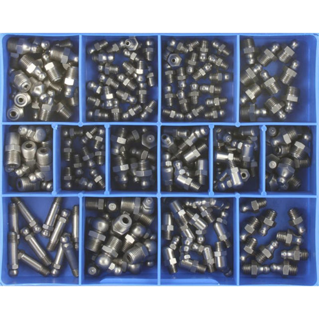 Champion 170pc stainless steel grease nipple assortment for metric and imperial lubrication systems, featuring 14 sizes and 170 pieces.