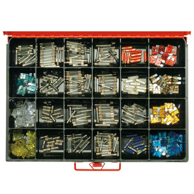 Champion Master Kit 300pc auto fuse assortment with various types, sizes, and amperages for automotive electrical repairs.