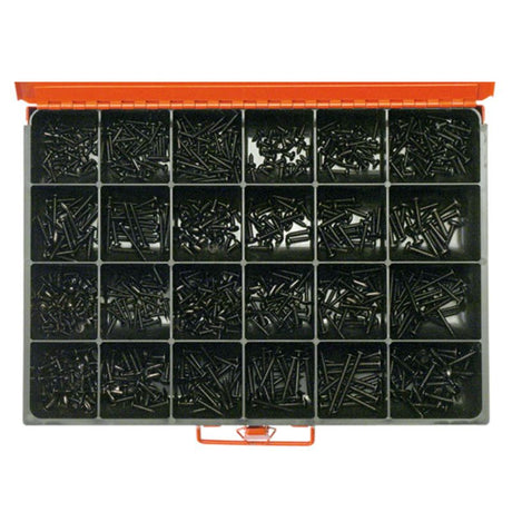 Champion Master Kit: 830-piece black zinc self-tapping screw assortment in various sizes for versatile fastening solutions.