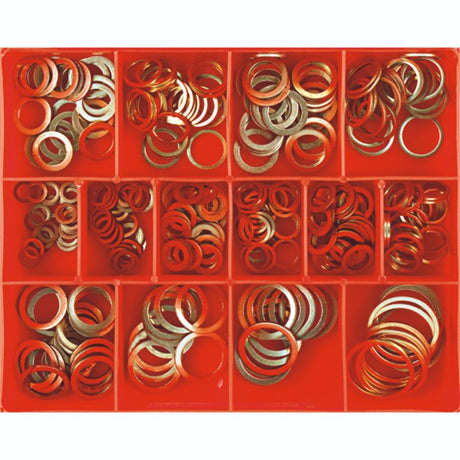Champion 305pc Metric Copper Sealing Washer Assortment for automotive and plumbing, featuring 14 sizes and three thicknesses.