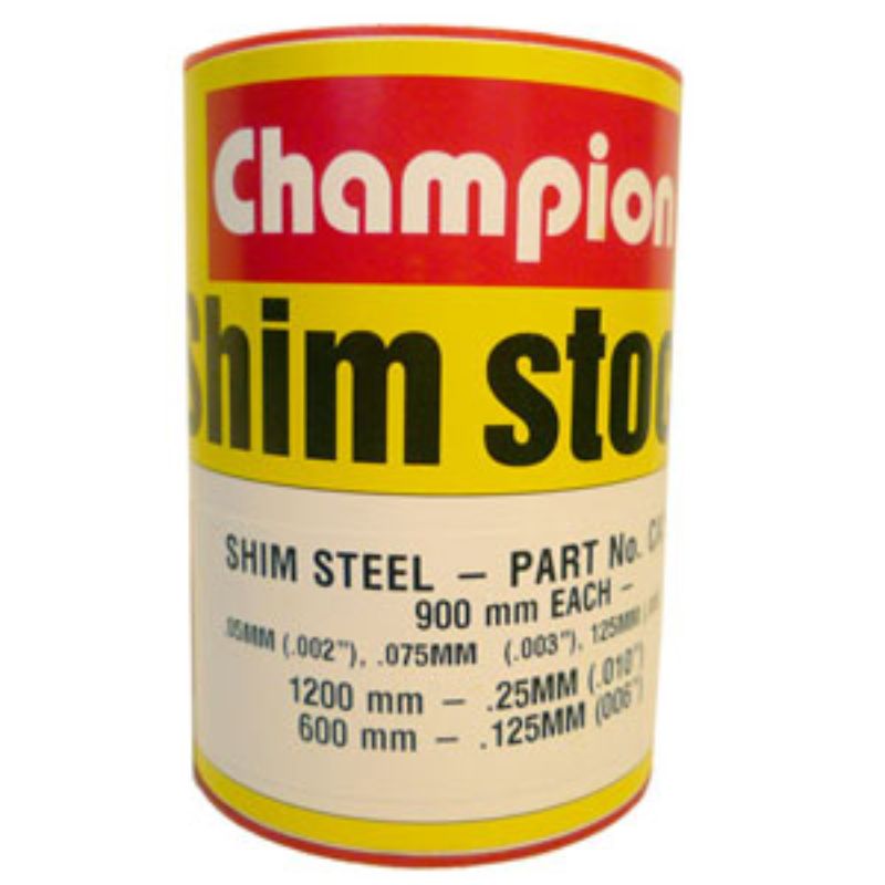 Champion Steel Shim Assortment featuring five rolls of mild steel shims in various thicknesses and sizes for precise adjustments.