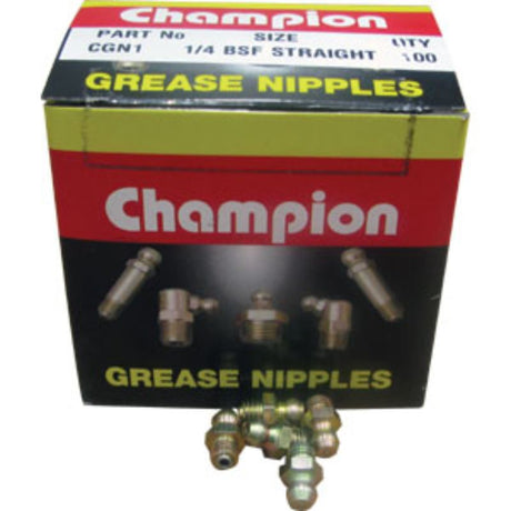 Champion 4Pc Grease Nipple Assortment for 1/4in UNF threads, crafted for durable, efficient lubrication of machinery.