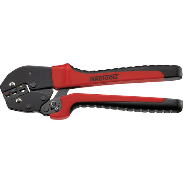 Teng 10in H/Duty Ratchet Crimping Plier featuring ergonomic handles, 30% extra strength, for precise crimping of various wire sizes.