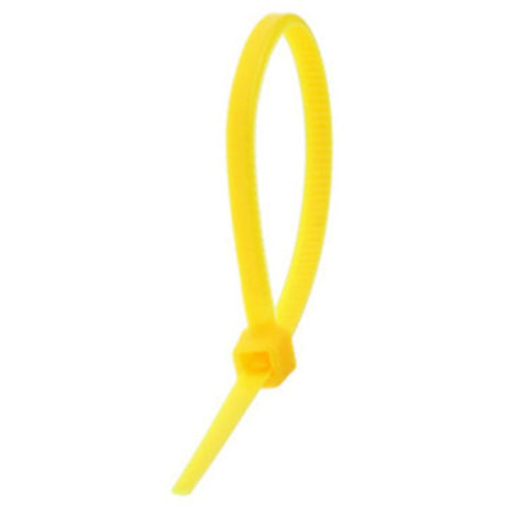 ISL 200 x 4.8mm nylon cable ties in yellow, pack of 100, robust 22.7kg strength, ideal for cable management and outdoor use.