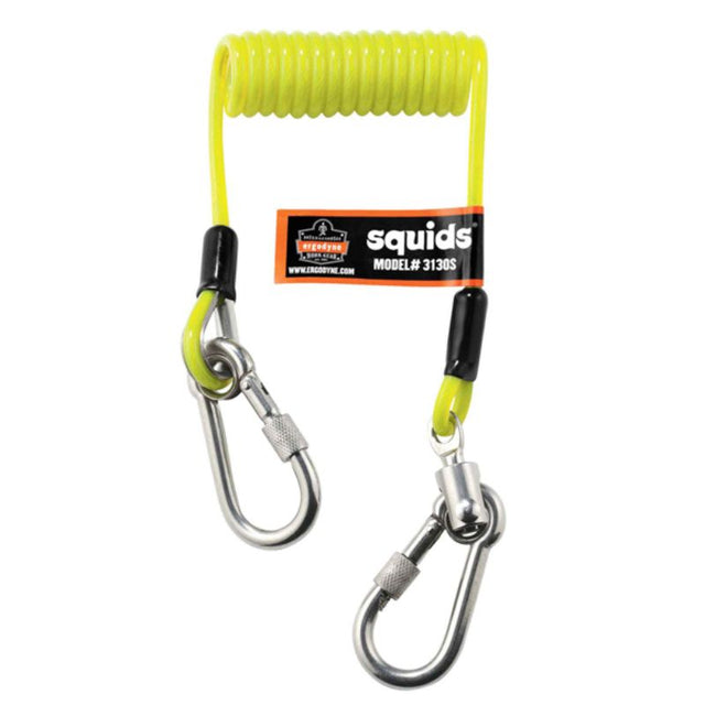 Durable ERGODYNE coiled cable lanyard with dual stainless steel carabineers, designed to prevent dropped tools up to 0.9kg.