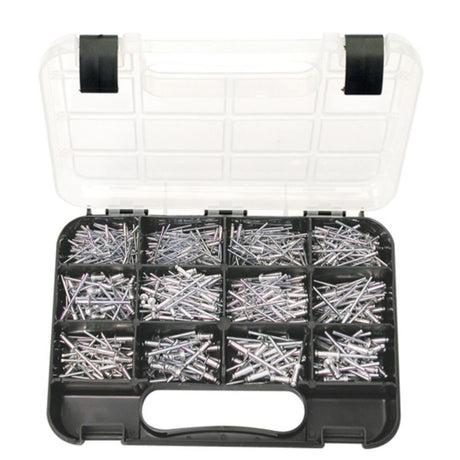605-piece aluminium rivet kit with 10 sizes for DIY projects, includes short, medium, and long lengths for versatile fastening.