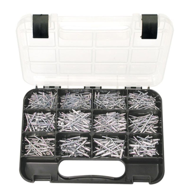 605-piece aluminium rivet kit with 10 sizes for DIY projects, includes short, medium, and long lengths for versatile fastening.