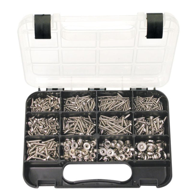 Comprehensive 810-piece self-tapping screw kit with raised heads, available in various sizes for DIY and professional use.