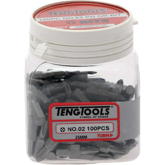 Teng 100Pc 1/4in Hex PH#2 Grabber Bit set, perfect for driving screws in various materials for DIY and professional use.