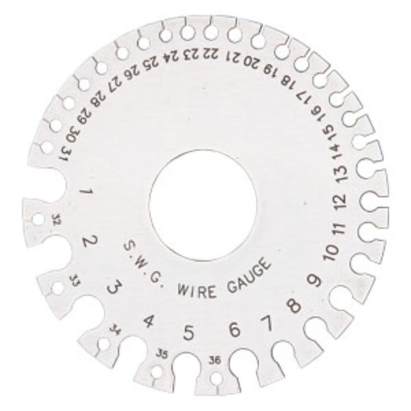 Groz Wire Gauge (Round) in stainless steel for precise wire measurements from 0 to 36 gauge, featuring dual metric and standard markings.