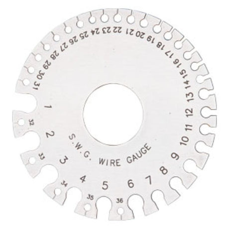 Groz Wire Gauge (Round) in stainless steel for precise wire measurements from 0 to 36 gauge, featuring dual metric and standard markings.