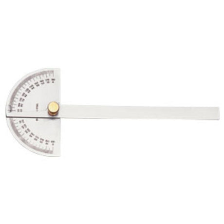 Groz DP6 Degree Protractor with stainless steel body, 0-180° graduations, and knurled nut for accurate angle setting.