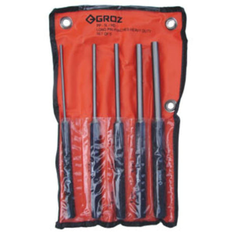 Groz Pin Punch Set featuring five extra long punches in a durable pouch, made of high-quality carbon steel for durability.