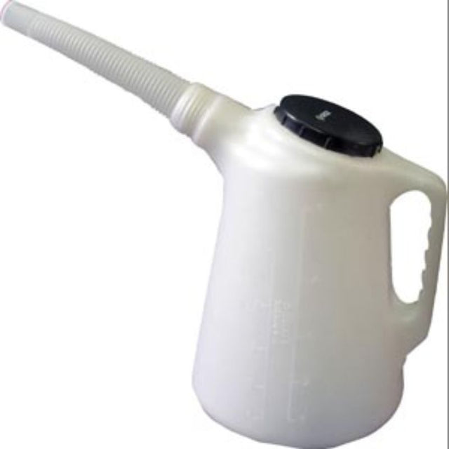 Groz Flex Spout Measurer - 5L jug with flexible spout, dual measurement markings, and polypropylene lid for precise pouring.