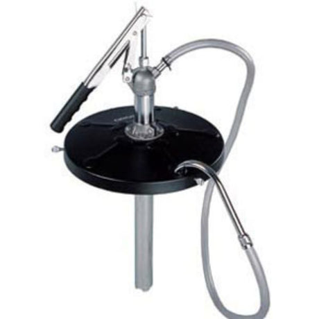 Groz 20L drum oil dispenser pump for transferring heavy oils, featuring zinc plated body, brass piston, and PVC hose.