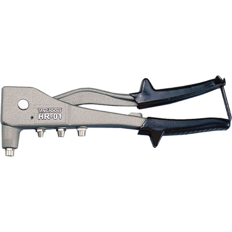 Heavy-duty 10-inch hand riveter for various rivet sizes with aluminum body and forged steel handle.