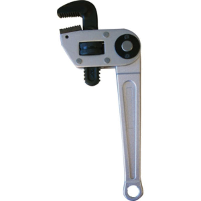 10in multi angle pipe wrench with aluminum handle and chrome vanadium jaws, designed for versatile plumbing tasks.