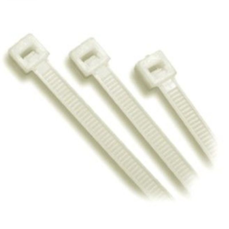 Natural nylon cable ties, 290 x 3.6mm, 100-pack; durable, versatile, flame-resistant, ideal for secure bundling and organization.