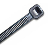 Black UV nylon cable ties, 200 x 4.8mm, 100 pack, with 22.7kg tensile strength and durable for outdoor use.