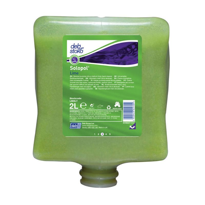 Deb Stoko Solopol Lime 2L cartridge: industrial hand cleaner with cornmeal scrubbing, lime fragrance, and skin-nourishing agents.