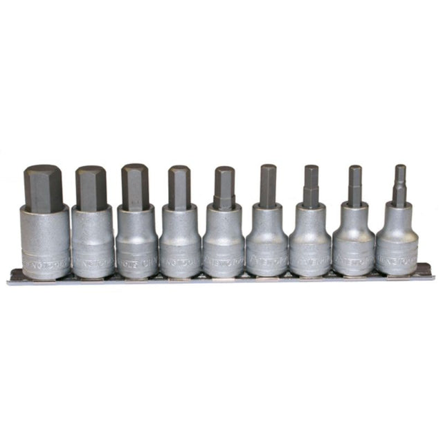 Teng 9pc 1/2in Drive AF Hex Bit Socket Set with durable satin finish, sizes 3/16-5/8in, organized on a clip rail for easy access.