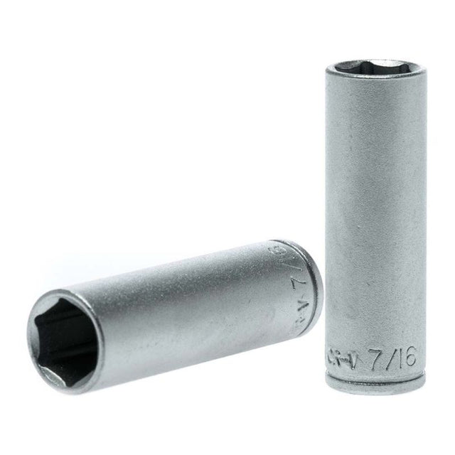 Teng 1/4in drive deep socket 7/16in, crafted from chrome vanadium steel for durability and precision in automotive repairs.