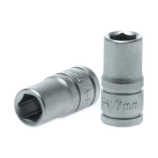 Teng 1/4in Dr. Socket 7mm, chrome vanadium steel, precise grip for fasteners, compact design for tight spaces.