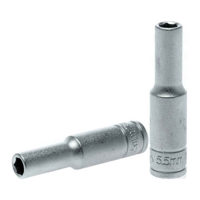 Teng 1/4in Dr. Deep Socket 5.5mm, chrome vanadium, designed for precision grip on 5.5mm fasteners in tight spaces.