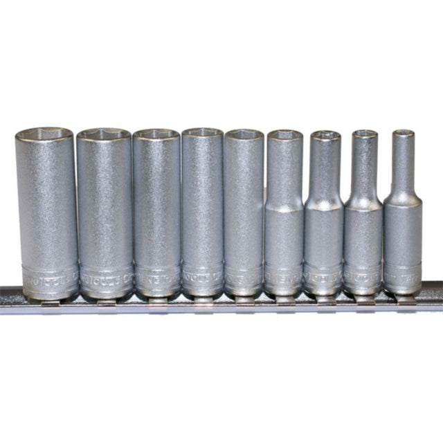 Teng 9pc 1/4in Drive Metric Deep Socket Set, 4-13mm, chrome vanadium, corrosion-resistant, organized on a metal clip rail.