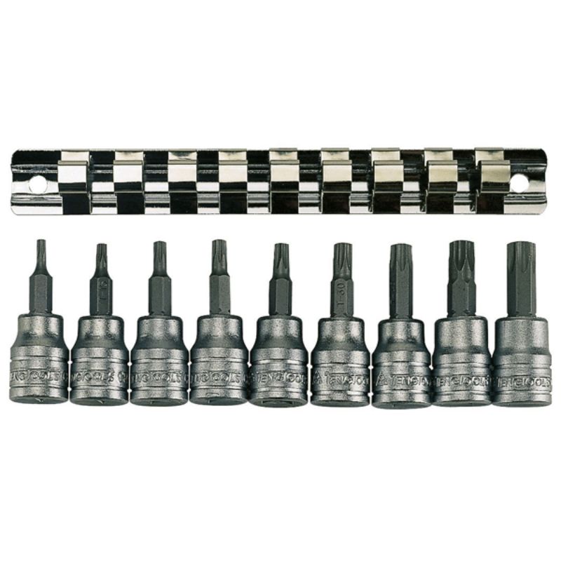 Teng 9pc 3/8in Dr. TX Bit Socket Set with chrome vanadium construction and organized clip rail for secure and versatile use.