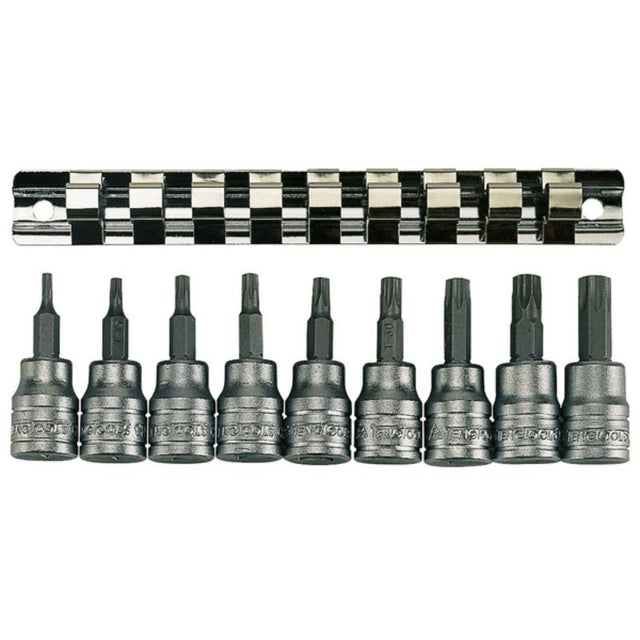 Teng 9pc 3/8in Dr. TX Bit Socket Set with chrome vanadium construction and organized clip rail for secure and versatile use.