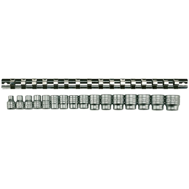 Teng 16pc 3/8in drive socket set with chrome vanadium steel 6-point sockets, sizes 7-22mm, organized on a clip holder.