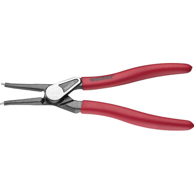 7in straight outer snap-ring plier with vinyl grip, insert bearing steel points, and invisible spring for efficient use.