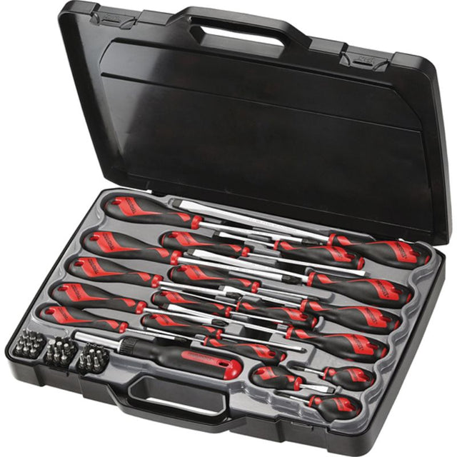 Teng 53pc screwdriver set with 19 screwdrivers, bit ratchet, 27 bits, in durable plastic case for versatile use.