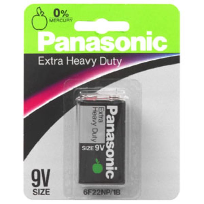 Panasonic 9V Extra Heavy Duty Battery designed for low-drain devices, eco-friendly with carbon-zinc technology, 1 pack.