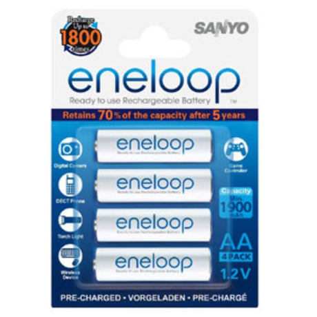 Eco-friendly Panasonic Eneloop 1900mAh AA batteries (4-pack) for reliable power in various devices, rechargeable up to 2100 times.