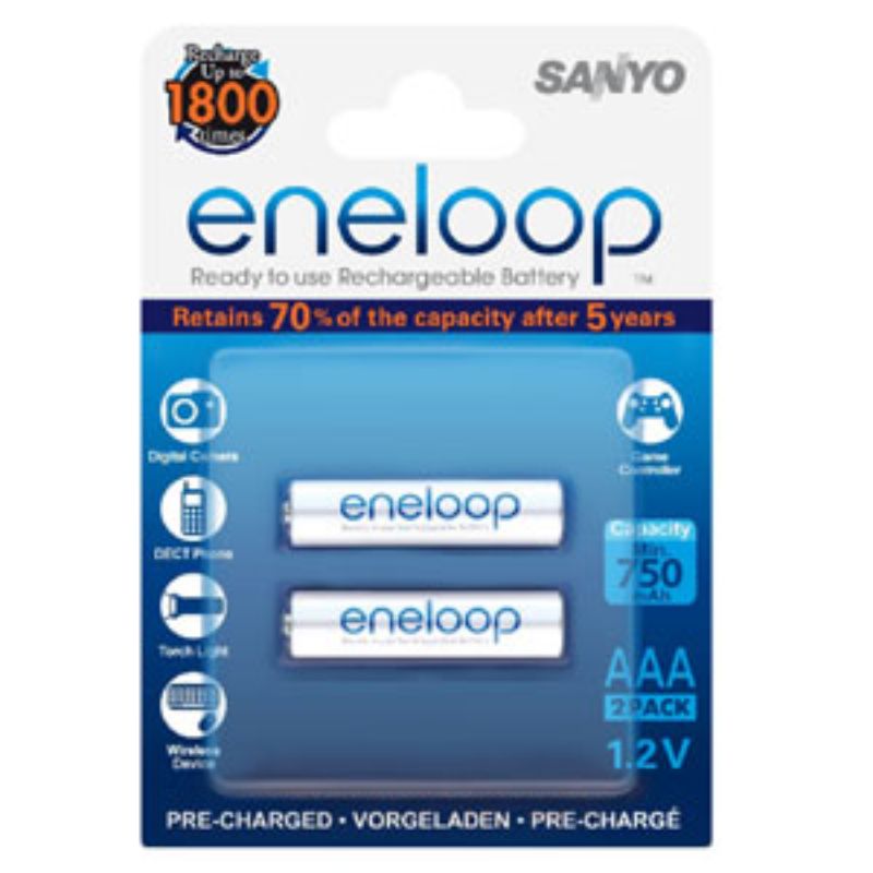 Panasonic Eneloop 750mAh rechargeable AAA batteries (2-pack) for reliable, eco-friendly power in everyday devices.