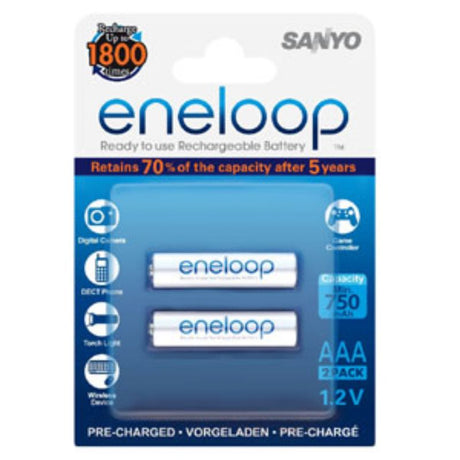 Panasonic Eneloop 750mAh rechargeable AAA batteries (2-pack) for reliable, eco-friendly power in everyday devices.