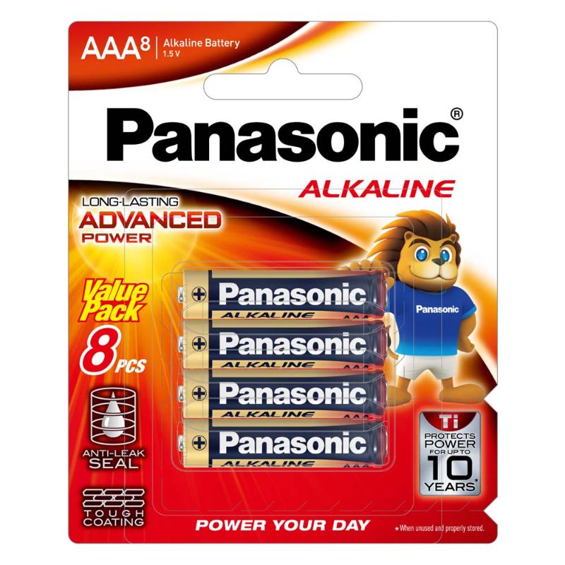 Panasonic 8-pack AAA alkaline batteries, 1.5V, 30% longer lasting, ideal for high-drain devices, eco-friendly, no mercury.