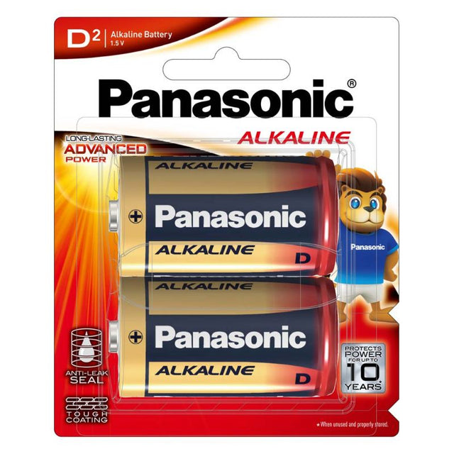 Panasonic D Battery Alkaline (2pk) for powering devices like toys and portable electronics, eco-friendly with no mercury.