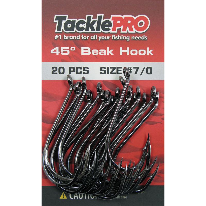 TacklePro 45deg. Beak Hook #7/0, 20-piece pack, designed for strong, reliable hook sets in various fishing conditions.